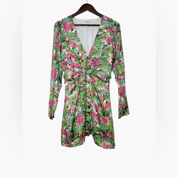 Fanco Dresses & Skirts - Fanco Watercolor Floral Button Up Long Sleeve Mini Dress Ruched Flare Medium
